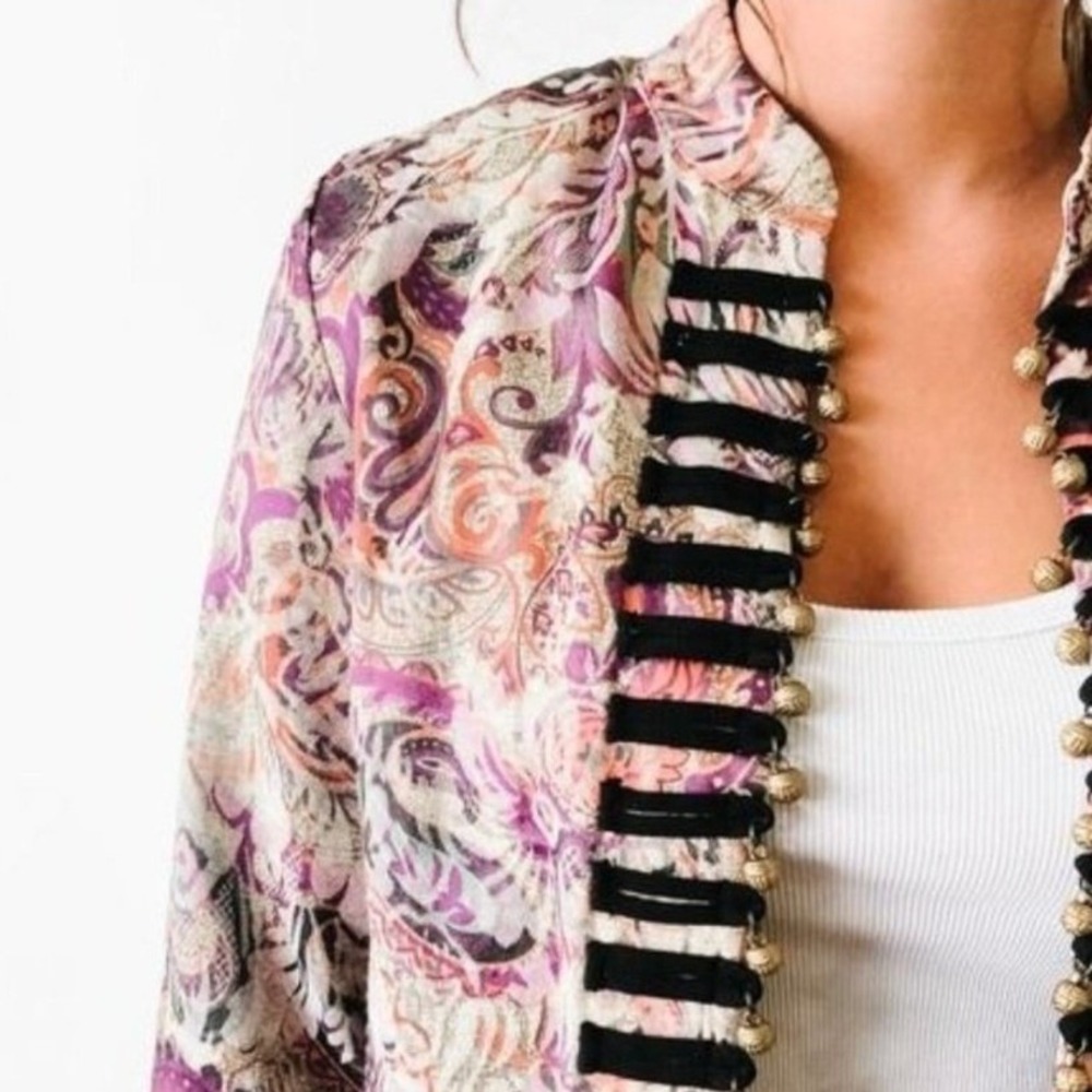 Joni B. Womens Paisley Tapestry Military Style Open Front‎ Jacket Purple Gold M - Picture 4 of 7